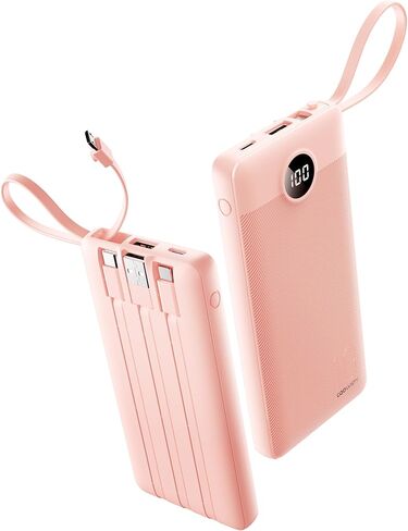 شاحن محمول مع كابلات مدمجة، بنك طاقة نحيف 10000 مللي أمبير في الساعة مع USB C، حزمة بطارية خارجية من Travel Essentials 5 مخارج ومدخلين شاشة LED متوافقة مع iPhone/Android والمزيد (أسود) in Kuwait
