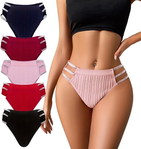 JUNELLA 5 Pcs Shiny Waistband Women's Low Rise Panties, Ribbed Cotton, Multicolour Sexy Hollow Out Hipster Panties in Saudi Arabia