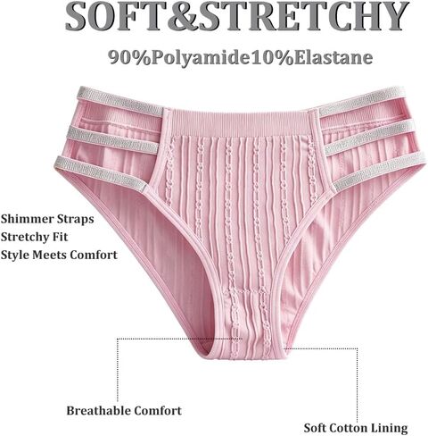 JUNELLA 5 Pcs Shiny Waistband Women's Low Rise Panties, Ribbed Cotton, Multicolour Sexy Hollow Out Hipster Panties in Saudi Arabia