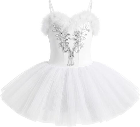 Ballet Tutu Dress for Girls Swan Lake Feather Trim Sparkle Ballerina Costume with Tulle Skirt in Saudi Arabia