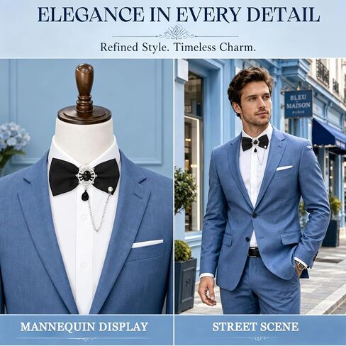 Bow Ties for Men, Adjustable Mens Bow Tie Pre-Tied Bowties Men with Rhinestone Chain for Tuxedo Wedding Party in Kuwait