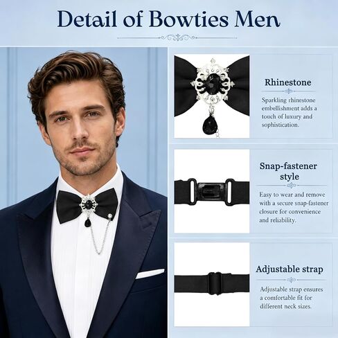 Bow Ties for Men, Adjustable Mens Bow Tie Pre-Tied Bowties Men with Rhinestone Chain for Tuxedo Wedding Party in Kuwait