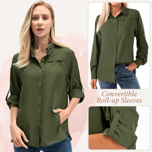 Women's Quick Dry Sun UV Protection Convertible Long Sleeve Shirts for Hiking Camping Fishing Sailing (5024 Army Green XXL) in Kuwait