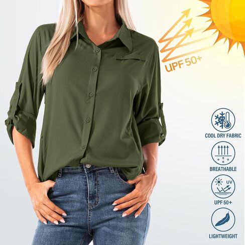Women's Quick Dry Sun UV Protection Convertible Long Sleeve Shirts for Hiking Camping Fishing Sailing (5024 Army Green XXL) in Kuwait