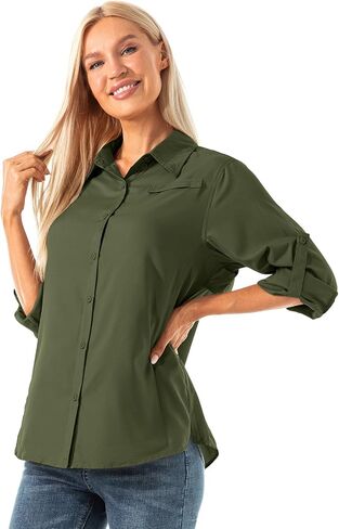 Women's Quick Dry Sun UV Protection Convertible Long Sleeve Shirts for Hiking Camping Fishing Sailing (5024 Army Green XXL) in Kuwait