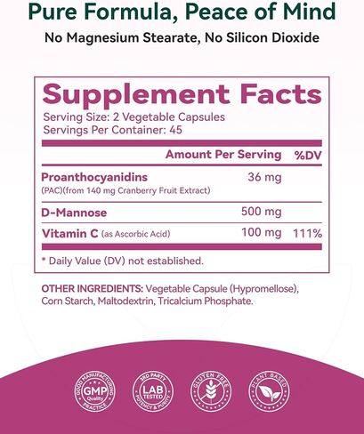 Cranberry Supplement 36 mg PAC with D-Mannose & Vitamin C, Cranberry Pills for Women, Cranberry Capsules, 3-in-1 Daily Urinary Tract Support, Soluble A-Type PACs, Vegan, Gluten-Free, 90 Capsules in Saudi Arabia