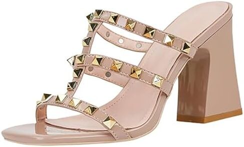 Women'S Leather T-Strap Strappy Studded Chunky Heel Slide Sandals Fashion Multi Band Square Toe Open Slip On Comfort Block High Heel Slingback Mule Slipper For Beach Prom Party Wedding Dress in Saudi Arabia