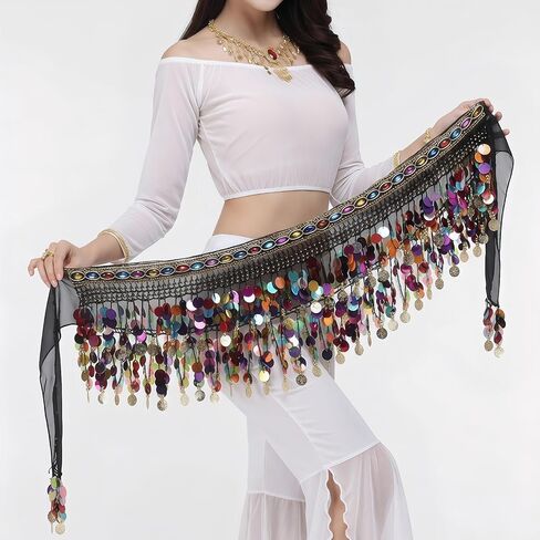 وشاح الورك للرقص الشرقي، تنورة ملفوفة بالترتر، زي سباركلي للنساء (أسود، مقاس واحد) in Kuwait