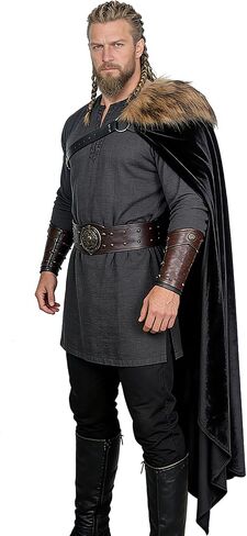 Viking Cloak with Fur Shoulder Wrap for Women Men - Medieval Renaissance Half Cape with Chest Belt for Halloween in Kuwait
