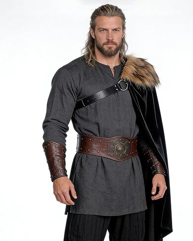 Viking Cloak with Fur Shoulder Wrap for Women Men - Medieval Renaissance Half Cape with Chest Belt for Halloween in Kuwait