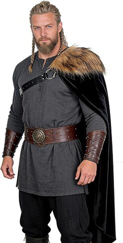Viking Cloak with Fur Shoulder Wrap for Women Men - Medieval Renaissance Half Cape with Chest Belt for Halloween in Kuwait