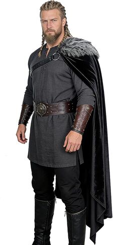 Viking Cloak with Fur Shoulder Wrap for Women Men - Medieval Renaissance Half Cape with Chest Belt for Halloween in Kuwait