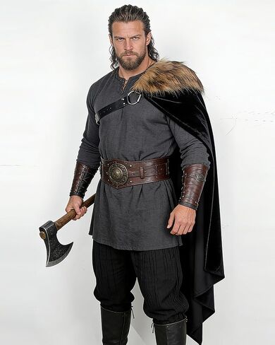 Viking Cloak with Fur Shoulder Wrap for Women Men - Medieval Renaissance Half Cape with Chest Belt for Halloween in Kuwait