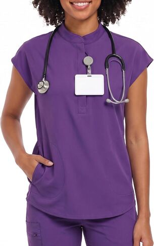 VECARDI Women's Scrub Top Zip Front Stretch Short Sleeve Nurse Uniform Shirt with Pockets Badge Loop in Saudi Arabia