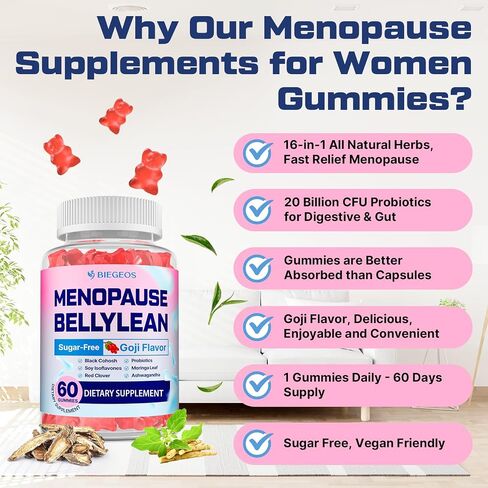 Menopause Supplements for Women Gummies, 16-in-1 Probiotic, Black Cohosh & Ashwagandha for Menopause Relief, Hot Flashes, Hormone Harmony, Mood Swings, Belly Burner* & Gut, Sugar-Free - 60 Gummies in Kuwait