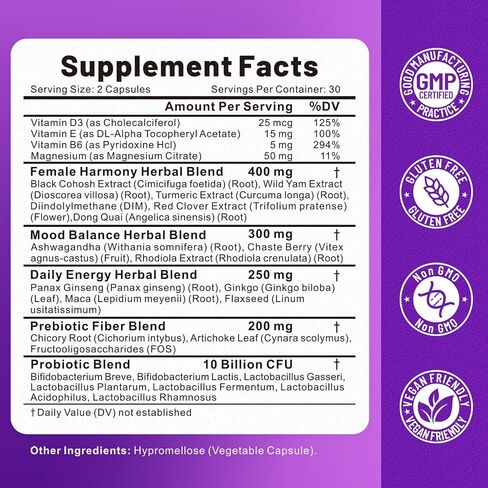 Menopause Supplements for Women, 27-in-1 Multi-Herbal with Prebiotics and Probiotics, Black Cohosh, Ashwagandha, DIM, Menopause Relief for Hot Flashes, Mood Swings & Night Sweats, 60 Capsules in Kuwait