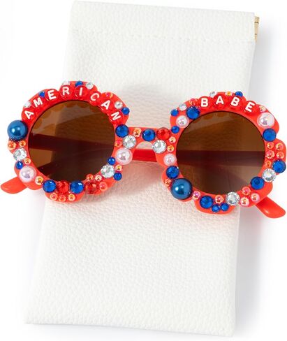 PANTIDE American Babe Sunglasses - Red White Blue Pearls Rhinestone Round Shaped Sunglasses, Fourth of July Patriotic Party Favors Outdoor Beach Glasses Accessories, Jewelry Gift for Kids (Red) in Kuwait