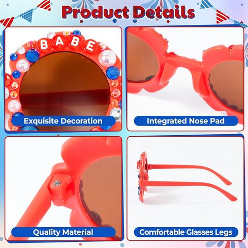 PANTIDE American Babe Sunglasses - Red White Blue Pearls Rhinestone Round Shaped Sunglasses, Fourth of July Patriotic Party Favors Outdoor Beach Glasses Accessories, Jewelry Gift for Kids (Red) in Kuwait