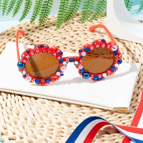 PANTIDE American Babe Sunglasses - Red White Blue Pearls Rhinestone Round Shaped Sunglasses, Fourth of July Patriotic Party Favors Outdoor Beach Glasses Accessories, Jewelry Gift for Kids (Red) in Kuwait