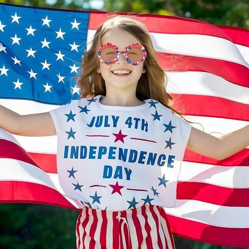 PANTIDE American Babe Sunglasses - Red White Blue Pearls Rhinestone Round Shaped Sunglasses, Fourth of July Patriotic Party Favors Outdoor Beach Glasses Accessories, Jewelry Gift for Kids (Red) in Kuwait