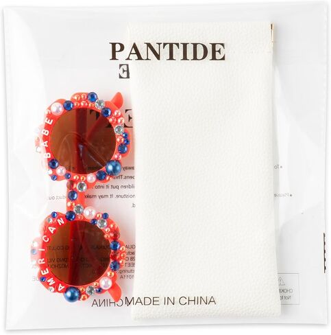 PANTIDE American Babe Sunglasses - Red White Blue Pearls Rhinestone Round Shaped Sunglasses, Fourth of July Patriotic Party Favors Outdoor Beach Glasses Accessories, Jewelry Gift for Kids (Red) in Kuwait