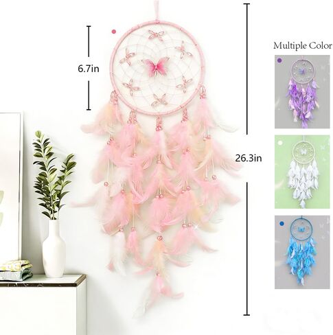Handmade Feather Dream Catchers, Dream Catchers for Girls with Butterfly, Art Room Decoration for Kids Bedroom, Home Decoration Wedding Party Blessing Gift (Pink) in Saudi Arabia