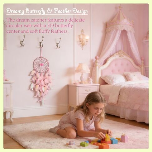 Handmade Feather Dream Catchers, Dream Catchers for Girls with Butterfly, Art Room Decoration for Kids Bedroom, Home Decoration Wedding Party Blessing Gift (Pink) in Saudi Arabia