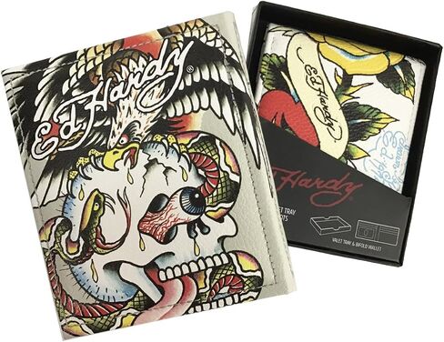 مجموعة هدايا ED HARDY محفظة ثنائية الطي بطبعة وشم مع صينية خادم (جماجم وورود/أبيض) in Kuwait