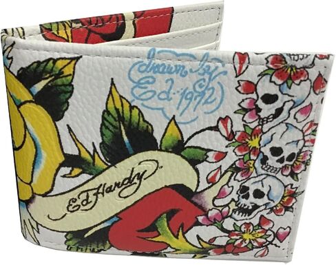 مجموعة هدايا ED HARDY محفظة ثنائية الطي بطبعة وشم مع صينية خادم (جماجم وورود/أبيض) in Kuwait