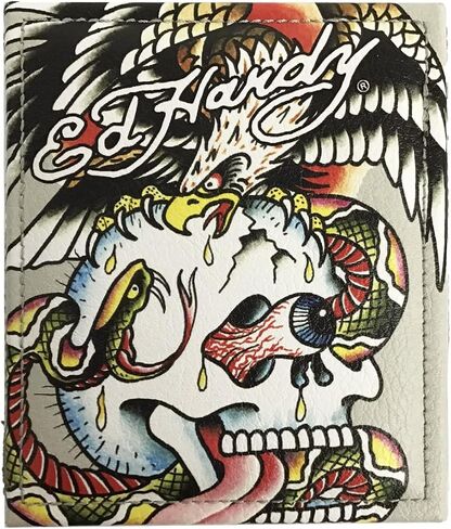 مجموعة هدايا ED HARDY محفظة ثنائية الطي بطبعة وشم مع صينية خادم (جماجم وورود/أبيض) in Kuwait