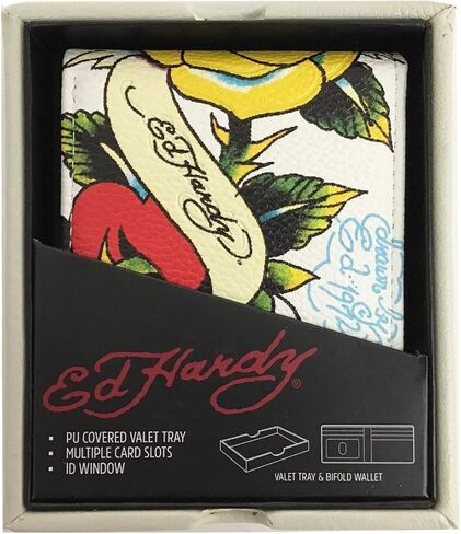 مجموعة هدايا ED HARDY محفظة ثنائية الطي بطبعة وشم مع صينية خادم (جماجم وورود/أبيض) in Kuwait