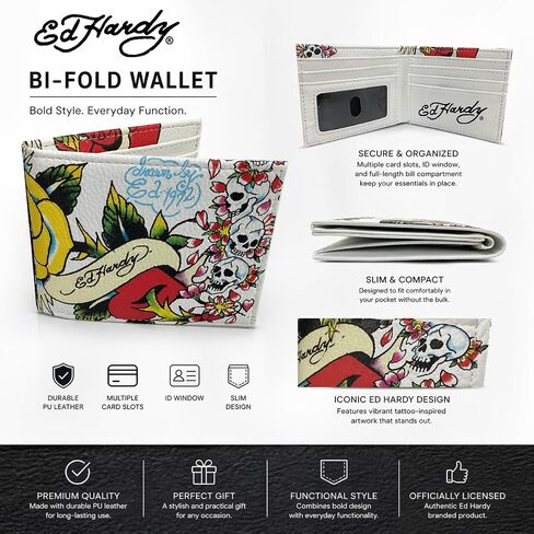 مجموعة هدايا ED HARDY محفظة ثنائية الطي بطبعة وشم مع صينية خادم (جماجم وورود/أبيض) in Kuwait