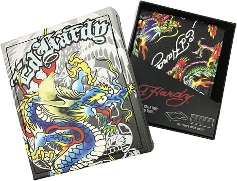 مجموعة هدايا ED HARDY محفظة ثنائية الطي بطبعة وشم مع صينية خادم (جماجم وورود/أبيض) in Kuwait