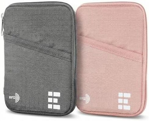 Passport Holder Pack of 2 (Shadow Grey and Rose Pink), RFID Blocking Zippered Travel Document Organizer Wallets, Holds Passports, Cards, Tickets, ID and Cash, Water Resistant Nylon in Saudi Arabia