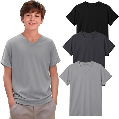 3 Pack Boys V Neck T-Shirts Lightweight Short Sleeve Summer Tops Loose Fit Casual Athletic Tees for Kids and Youth in Kuwait