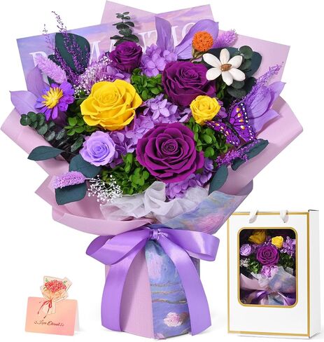 Waipfaru Preserved Flowers, Purple Fresh Bouquet with Gift Box, Flowers for Delivery Prime, Forever Flowers for Women Birthday Gift, Anniversary, Teacher, Mother Day, Valentines Day Gifts for Her in Kuwait