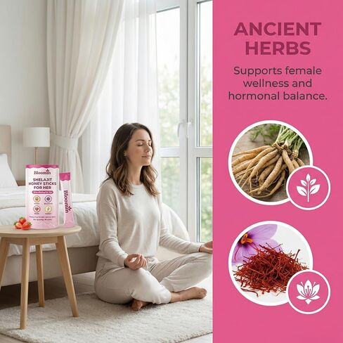 Bloomin Honey Sticks, with Shilajit, Shatavari & Saffron, Strawberry Honey Supplement for Women, Hormonal Balance, Focus & Stamina, Non-GMO, 30 Sticks (Strawberry) in Saudi Arabia