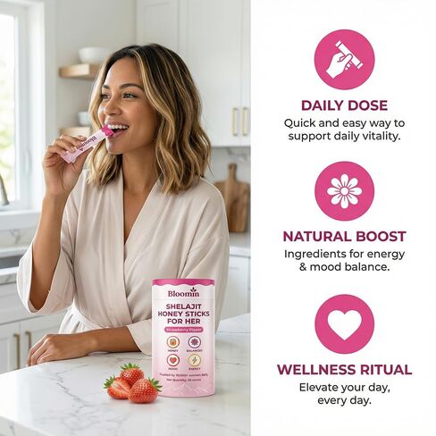 Bloomin Honey Sticks, with Shilajit, Shatavari & Saffron, Strawberry Honey Supplement for Women, Hormonal Balance, Focus & Stamina, Non-GMO, 30 Sticks (Strawberry) in Saudi Arabia