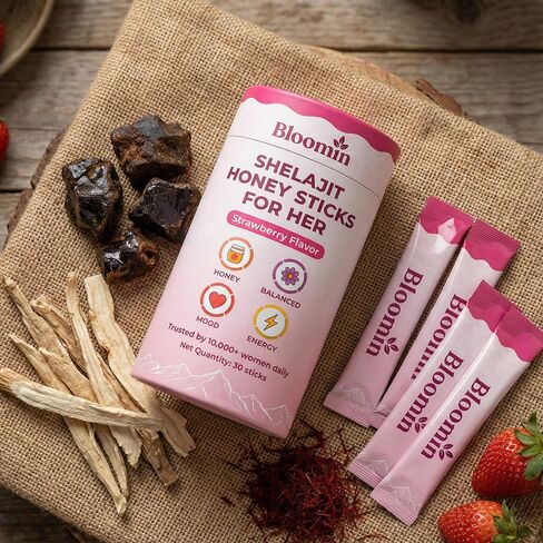 Bloomin Honey Sticks, with Shilajit, Shatavari & Saffron, Strawberry Honey Supplement for Women, Hormonal Balance, Focus & Stamina, Non-GMO, 30 Sticks (Strawberry) in Saudi Arabia