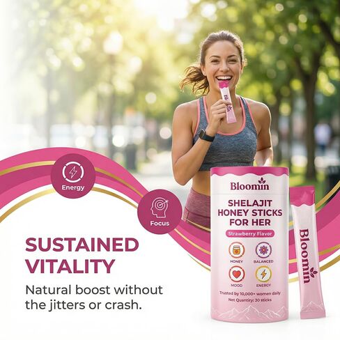 Bloomin Honey Sticks, with Shilajit, Shatavari & Saffron, Strawberry Honey Supplement for Women, Hormonal Balance, Focus & Stamina, Non-GMO, 30 Sticks (Strawberry) in Saudi Arabia