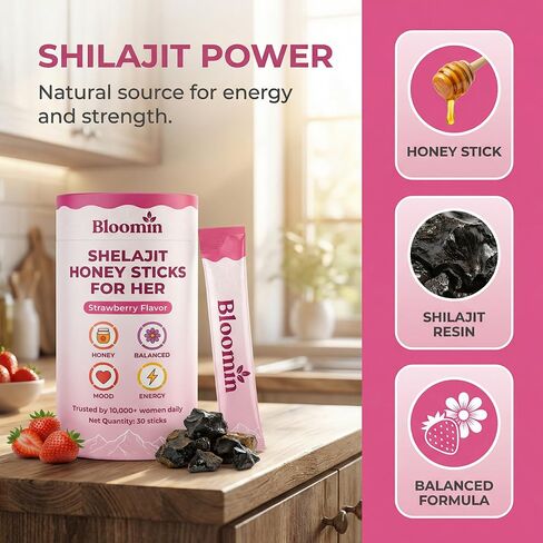 Bloomin Honey Sticks, with Shilajit, Shatavari & Saffron, Strawberry Honey Supplement for Women, Hormonal Balance, Focus & Stamina, Non-GMO, 30 Sticks (Strawberry) in Saudi Arabia