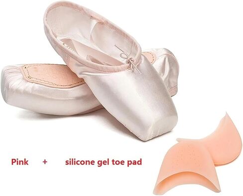 Adult Kids Ballet Pointe Practice Shoes Pink Satin Girls Women Dance Shoes with Ribbons Silicone Toe Pad(Pink and pad,14) in Kuwait
