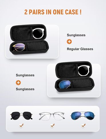 Dual Glasses Case Hard Shell, Double Sunglasses Organizer with Zipper and Cleaning Cloth, Shockproof Travel Eyewear Storage Case for Car, Black in Saudi Arabia