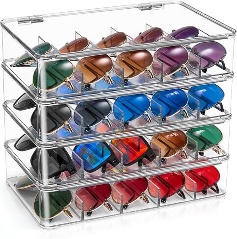 4 Pack Sunglass Organizer, Clear Acrylic Stackable Eyeglass Holder Storage Box, Glasses Display Case with Hinged Lid in Saudi Arabia