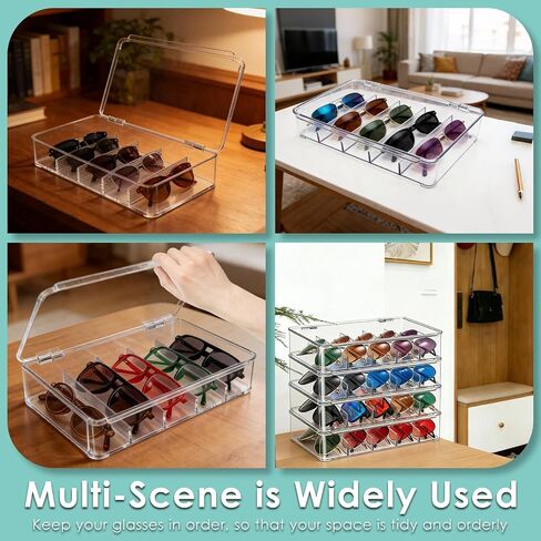 4 Pack Sunglass Organizer, Clear Acrylic Stackable Eyeglass Holder Storage Box, Glasses Display Case with Hinged Lid in Saudi Arabia