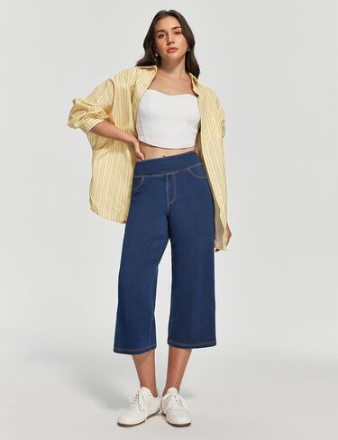 IUGA Stretchy Capri Jeans for Women Pull On Denim Capris High Waisted Cropped Wide Leg Capri Pants for Women with Pockets in Saudi Arabia