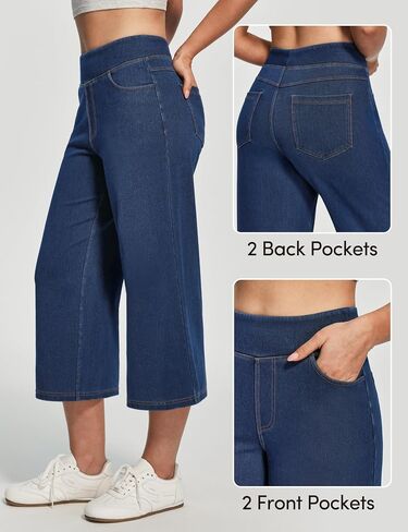 IUGA Stretchy Capri Jeans for Women Pull On Denim Capris High Waisted Cropped Wide Leg Capri Pants for Women with Pockets in Saudi Arabia