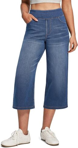 IUGA Stretchy Capri Jeans for Women Pull On Denim Capris High Waisted Cropped Wide Leg Capri Pants for Women with Pockets in Saudi Arabia