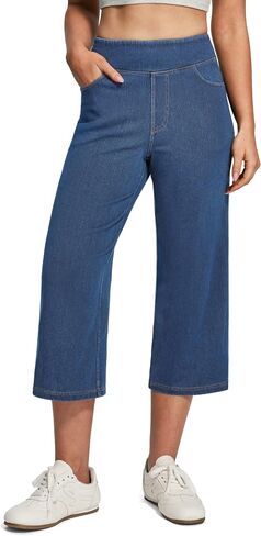 IUGA Stretchy Capri Jeans for Women Pull On Denim Capris High Waisted Cropped Wide Leg Capri Pants for Women with Pockets in Saudi Arabia