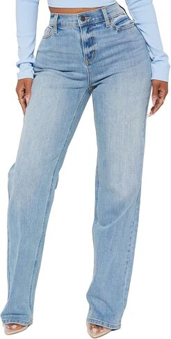 BessCops Straight Leg Jeans for Women High Waisted Wide Leg Stretchy Loose Denim Pants in Kuwait
